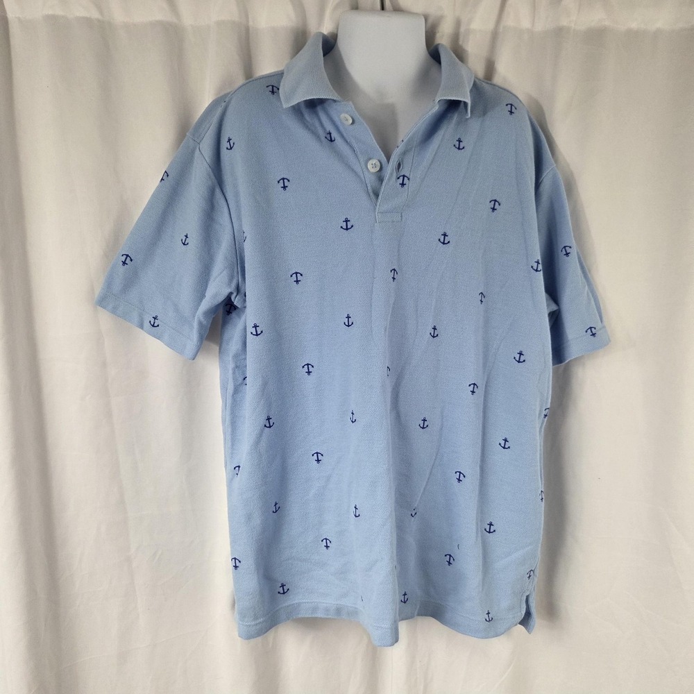Nordstrom Polo Shirt Kids Large 10-12 Blue Anchor Print Tagless Short Sleeve Top